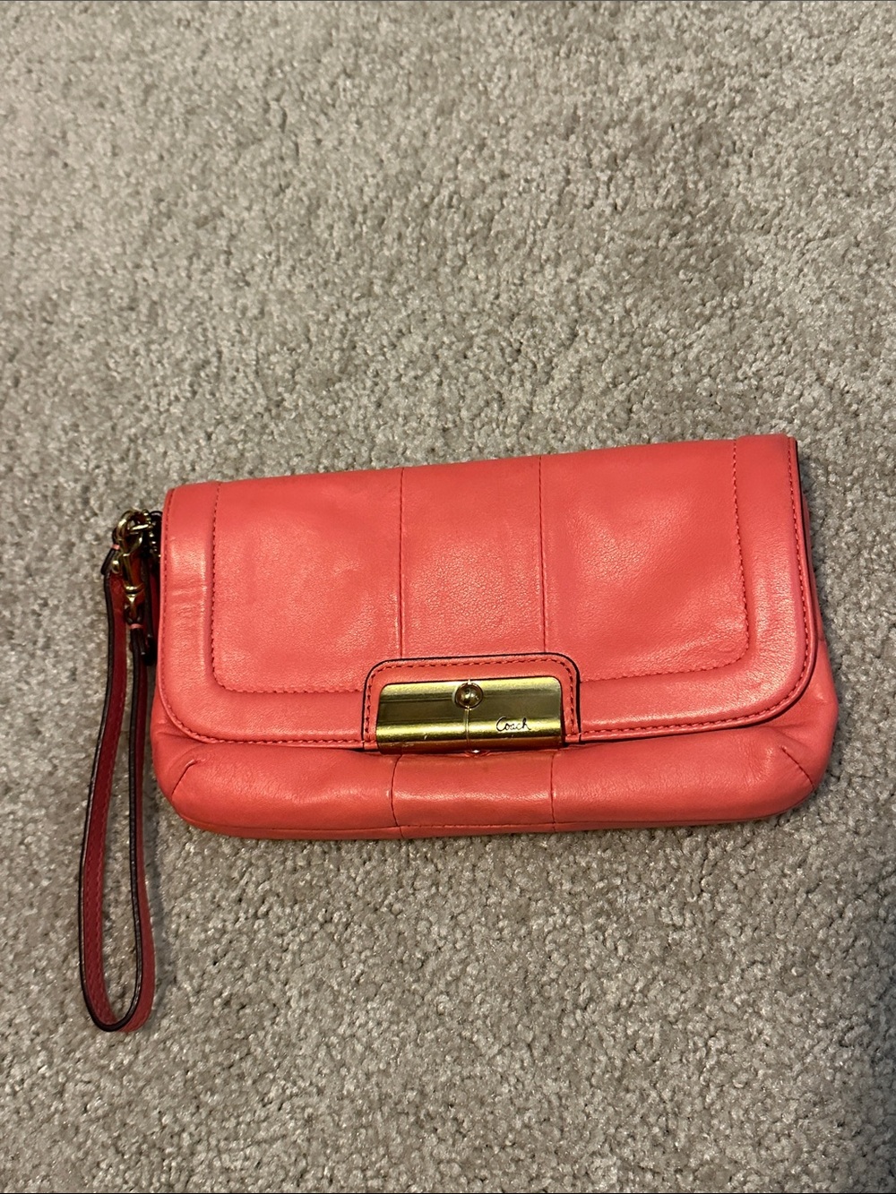 Coach Coral Leather Wristlet Clutch with Gold-Tone Hardware
